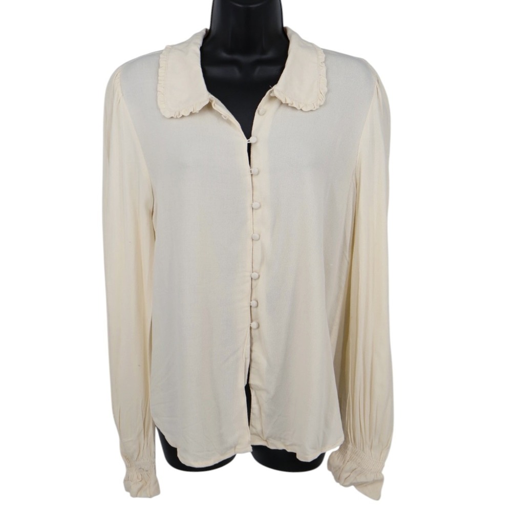 Cream Ruffle Collar Button Front Blouse Smocked Cuff Band of the Free Denise S
